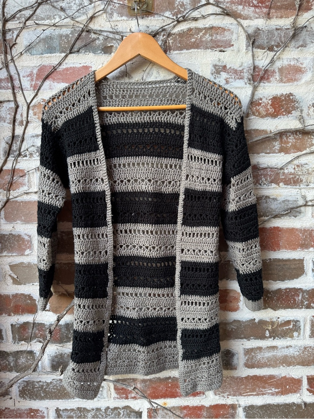 Handmade Crochet Striped Duster Cardigan – Black & Grey Size Small